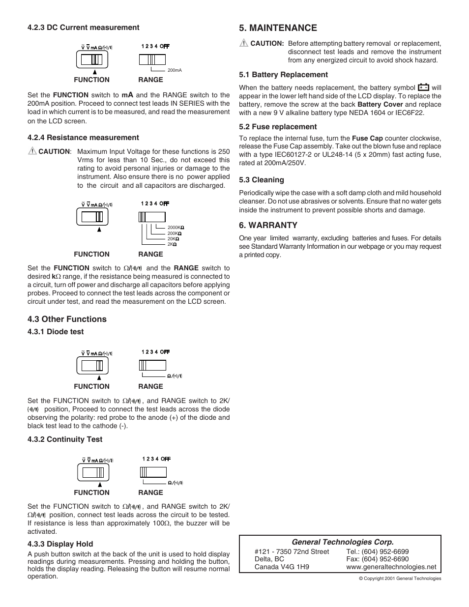 Maintenance, Warranty, 3 other functions | General Technologies CT8012 Ergonomic Digital Multimeter User Manual | Page 2 / 2
