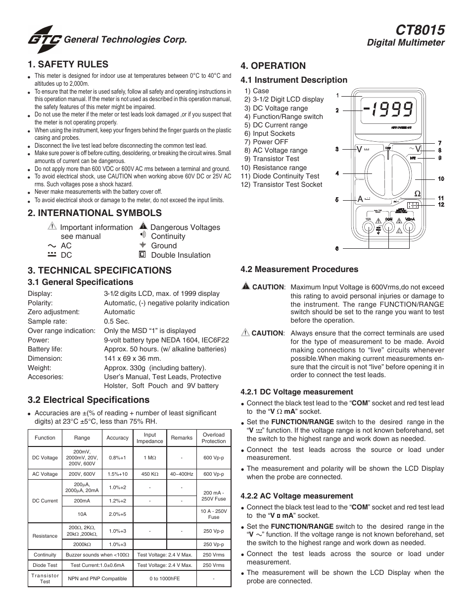 General Technologies CT8015 	CT8015 Manual Range Digital Multimeter User Manual | 2 pages