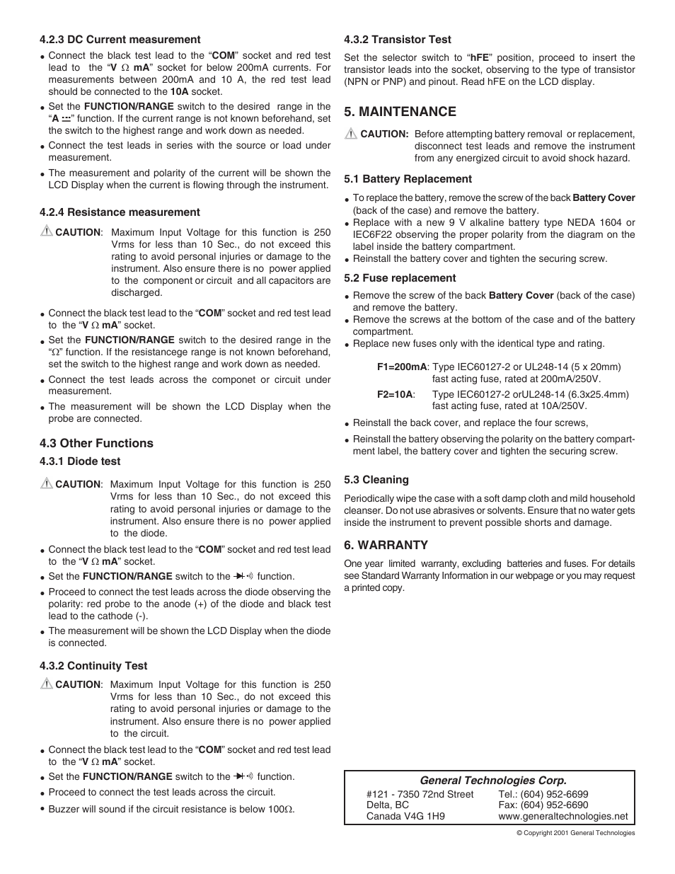 Maintenance | General Technologies CT8015 	CT8015 Manual Range Digital Multimeter User Manual | Page 2 / 2
