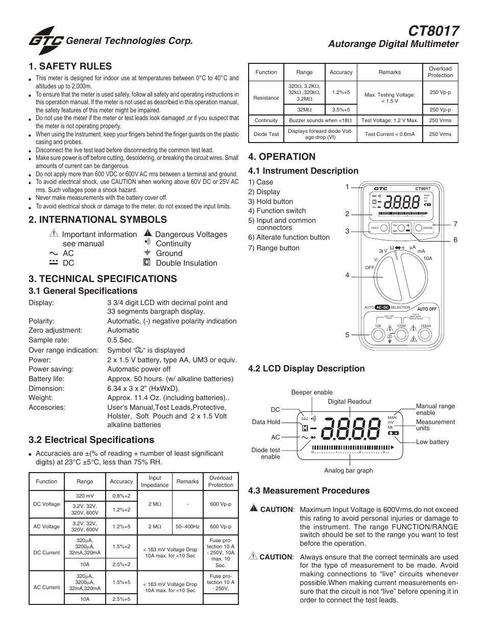General Technologies CT8017 Autorange Digital Multimeter User Manual | 2 pages