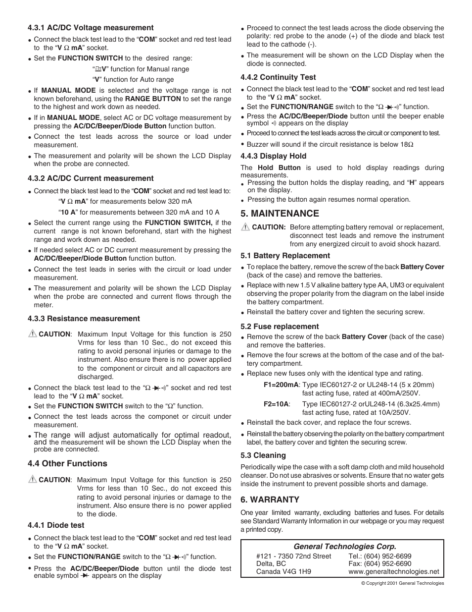 Maintenance | General Technologies CT8017 Autorange Digital Multimeter User Manual | Page 2 / 2