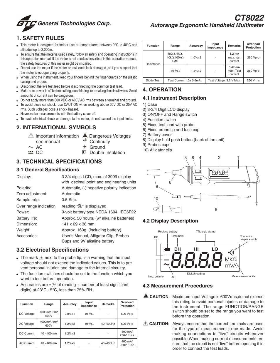 General Technologies CT8022 Ergonomic Autorange Digital Multimeter User Manual | 2 pages