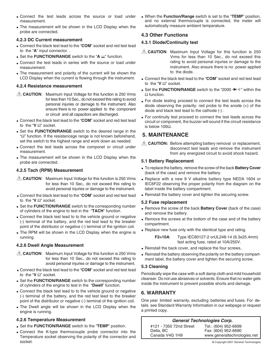 Maintenance | General Technologies CT8025 Automotive Digital Multimeter User Manual | Page 2 / 2