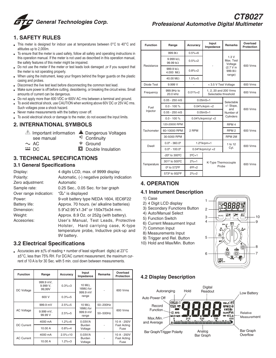 General Technologies CT8027 Professional Automotive Digital Multimeter User Manual | 4 pages