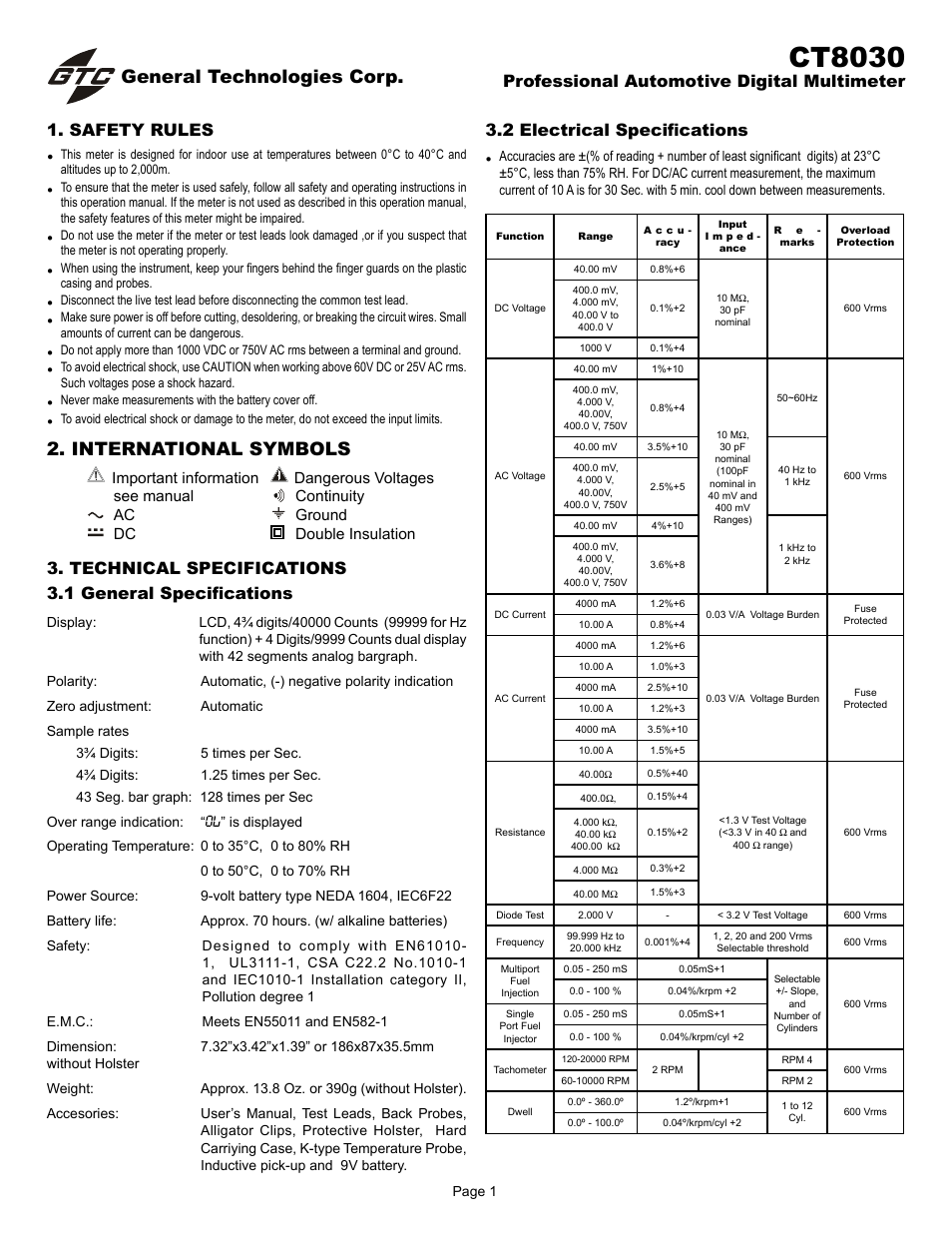 General Technologies CT8030 Dual Display Professional Automotive Digital Multimeter User Manual | 6 pages