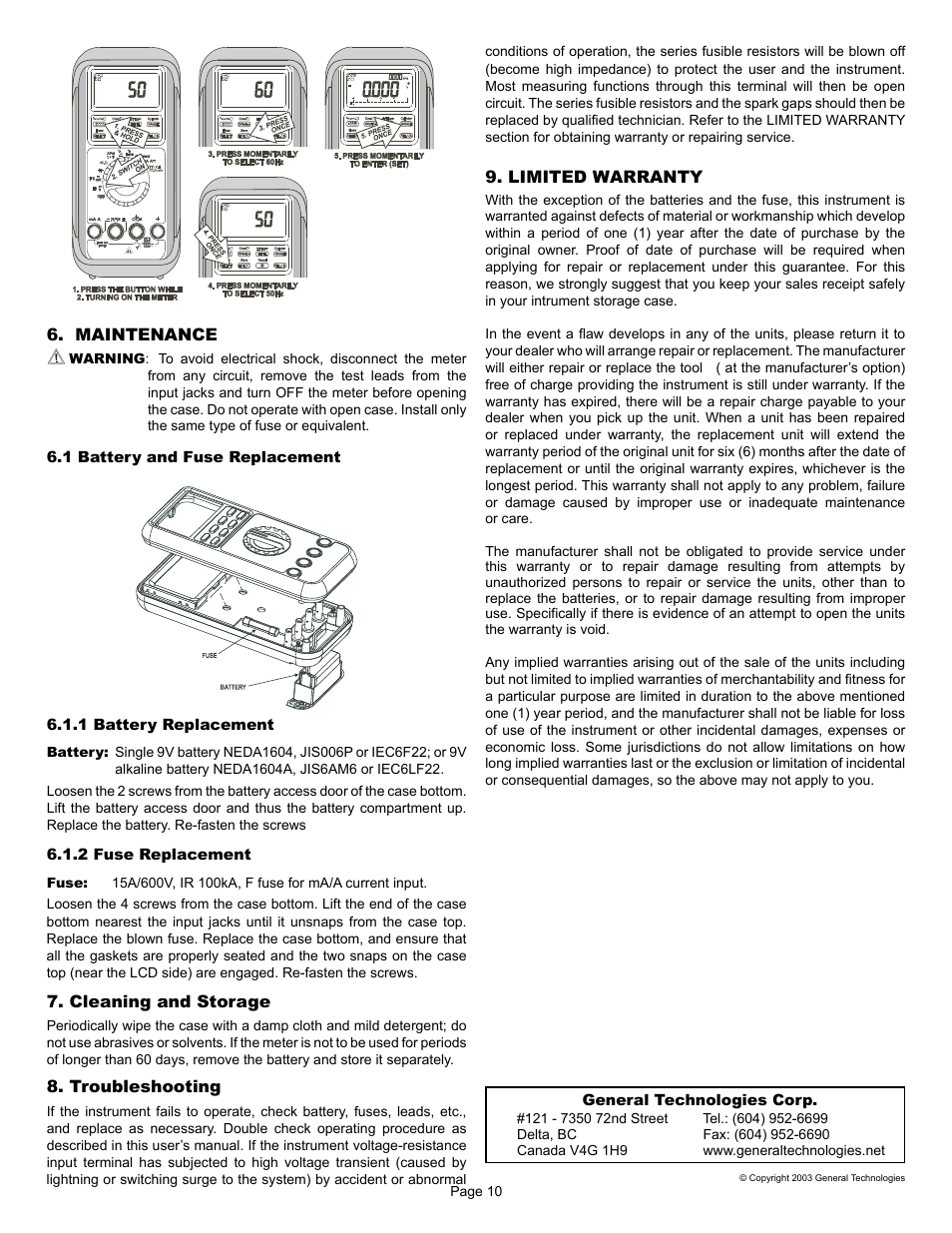 General Technologies CT8030 Dual Display Professional Automotive Digital Multimeter User Manual | Page 6 / 6