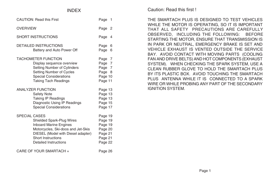 Caution: read this first, Index | General Technologies TD101 SmarTach + D: Gas and Diesel Tachometer with Ignition Voltage Tester User Manual | Page 2 / 17