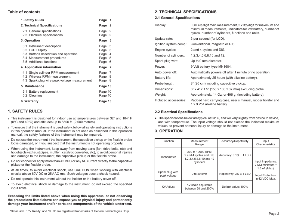General Technologies TA100 SmarTach + : Digital Tachometer and Engine Analyzer User Manual | Page 2 / 7