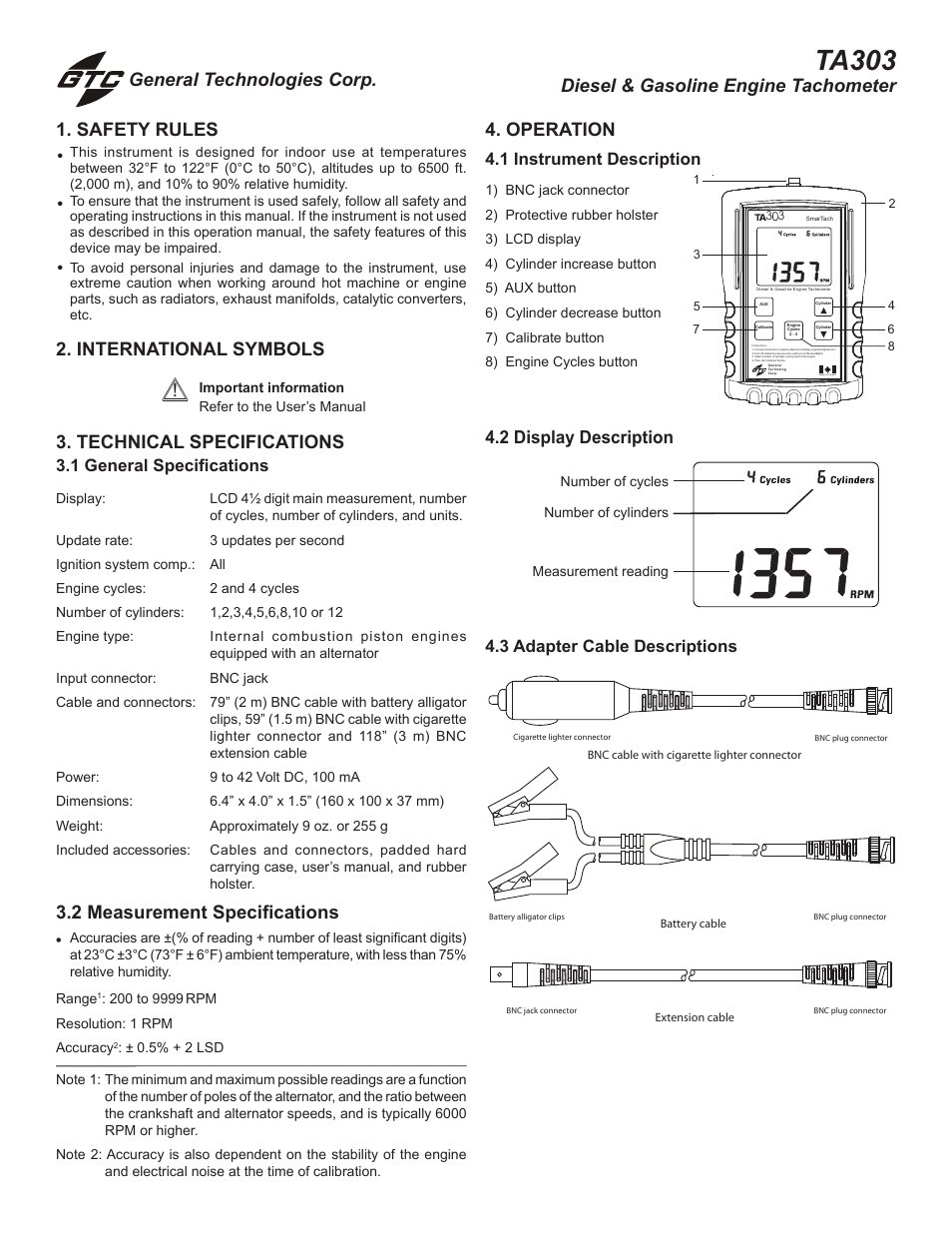 General Technologies TA303 SmarTach : Diesel & Gasoline Engine Tachometer User Manual | 2 pages