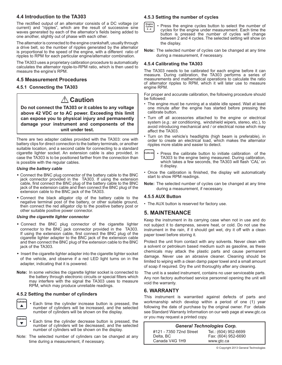 Caution, Maintenance | General Technologies TA303 SmarTach : Diesel & Gasoline Engine Tachometer User Manual | Page 2 / 2