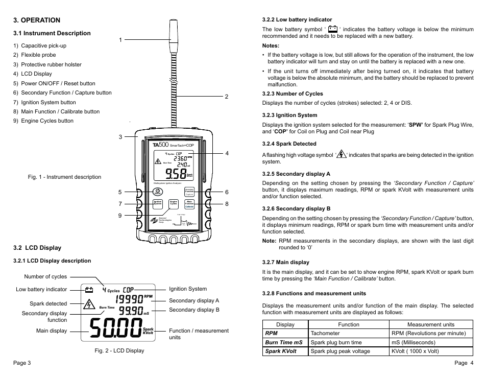 Operation, 1 instrument description, 2 lcd display | General Technologies TA500 SmarTach+COP : Multisystem Engine Analyser User Manual | Page 3 / 9