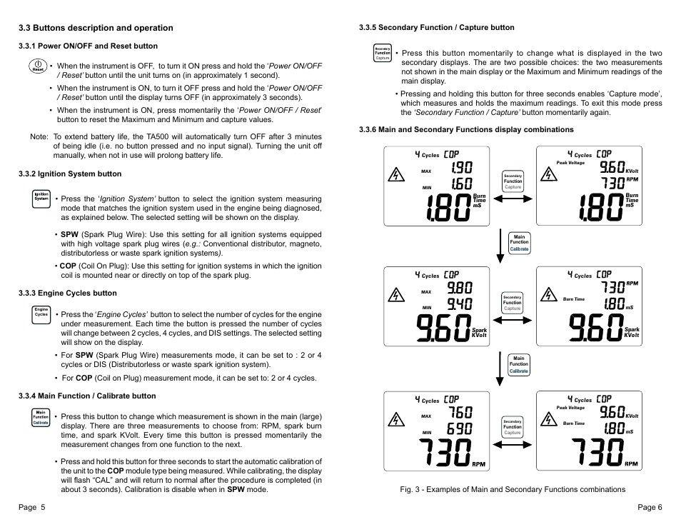 3 buttons description and operation | General Technologies TA500 SmarTach+COP : Multisystem Engine Analyser User Manual | Page 4 / 9