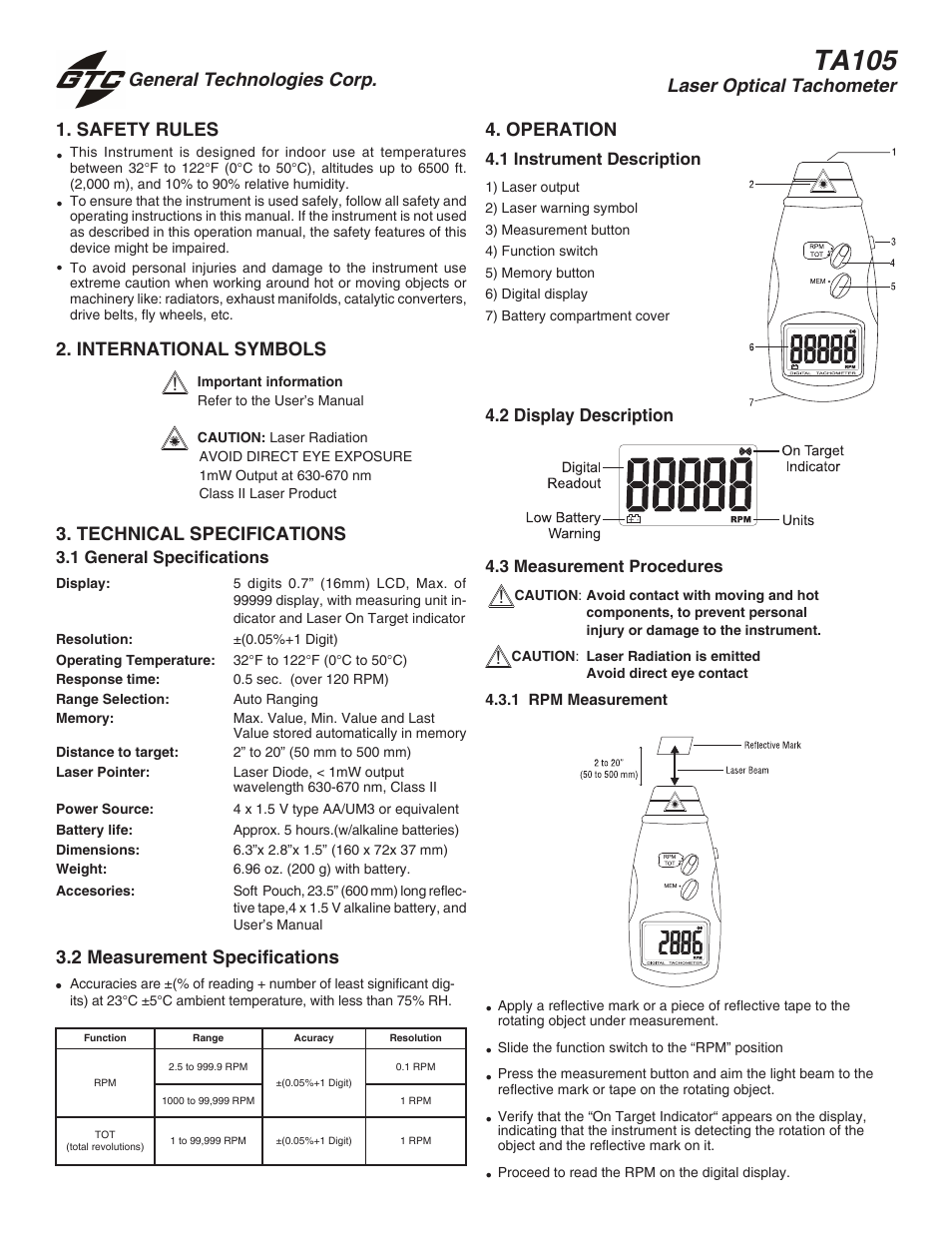 General Technologies TA105 Laser Tachometer User Manual | 2 pages