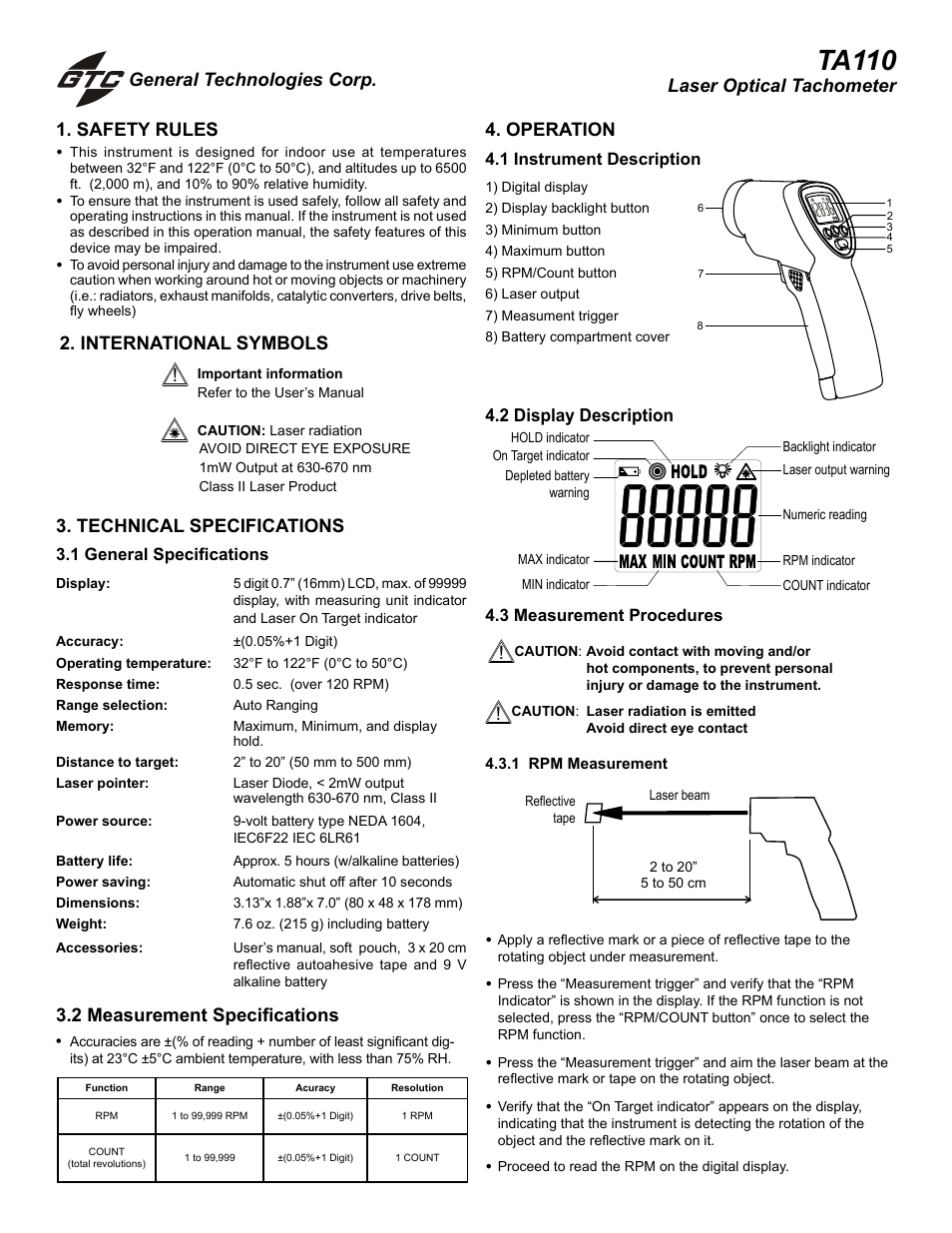General Technologies TA110 Laser Tachometer and Counter User Manual | 2 pages