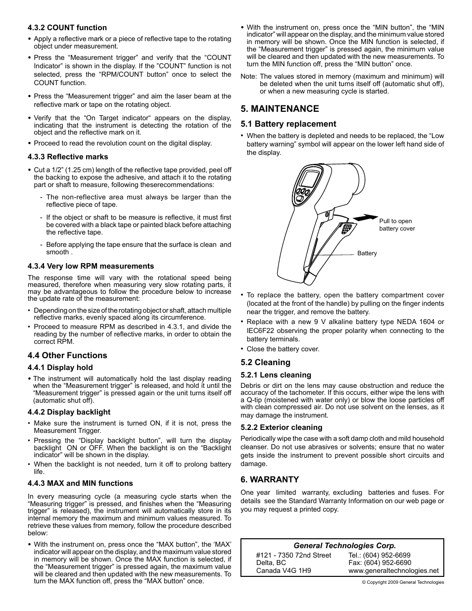 Maintenance | General Technologies TA110 Laser Tachometer and Counter User Manual | Page 2 / 2
