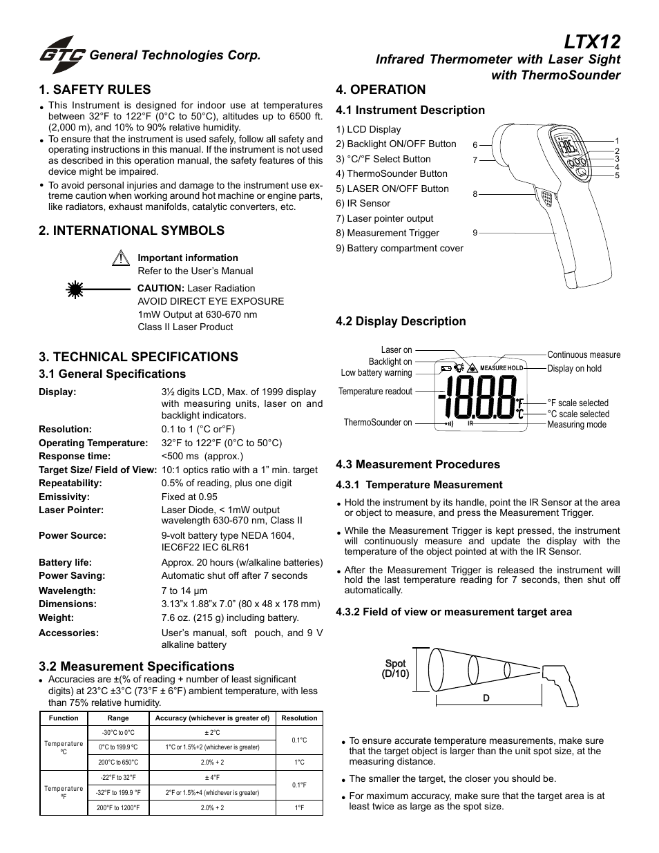 General Technologies LTX12 (-20 to 1200 F) Infrared Thermometer with Laser Sight and ThermoSounder User Manual | 2 pages