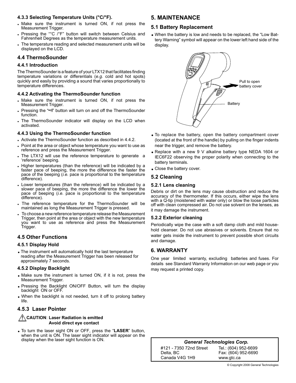 Maintenance | General Technologies LTX12 (-20 to 1200 F) Infrared Thermometer with Laser Sight and ThermoSounder User Manual | Page 2 / 2