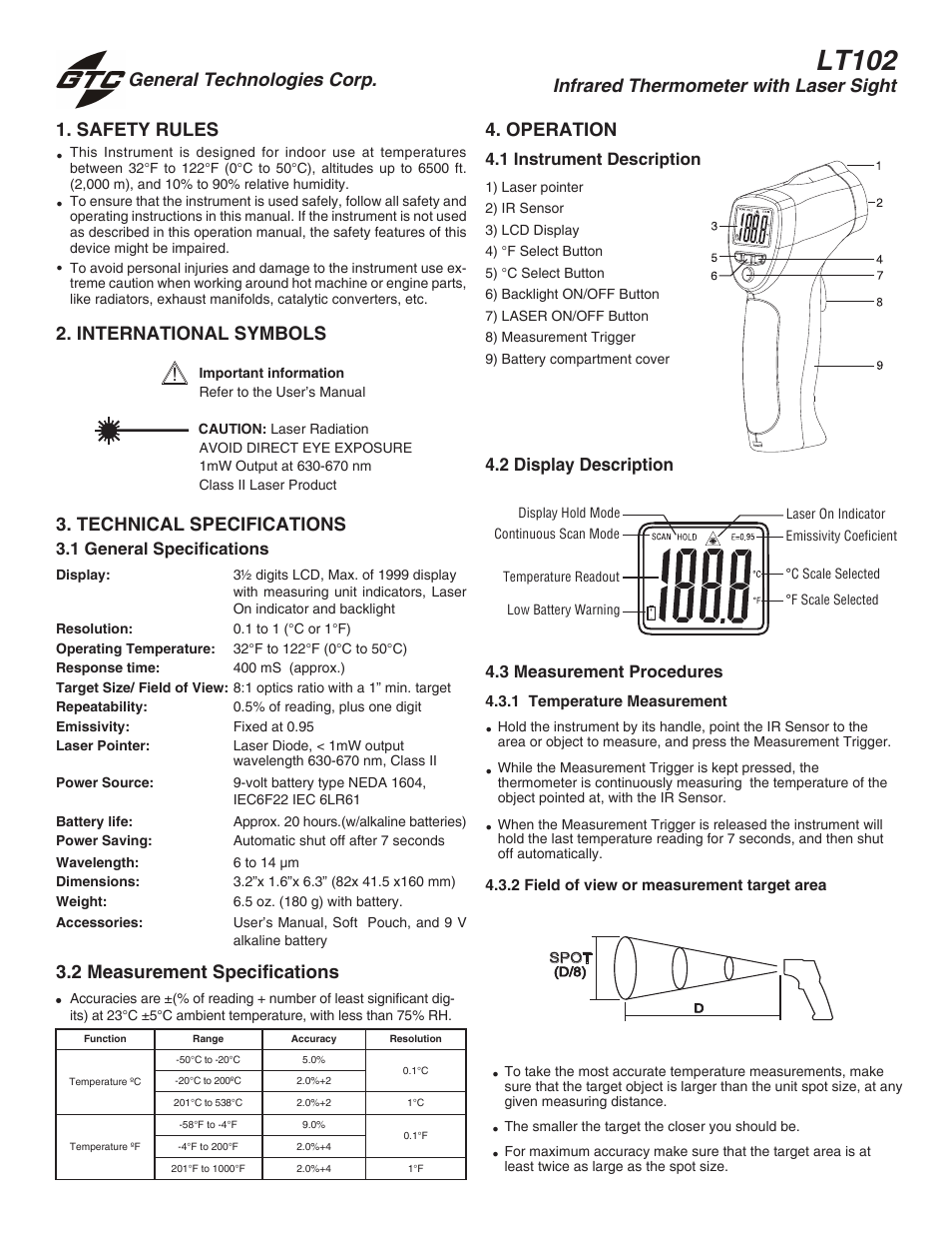 General Technologies LT102 (0 to 1000 F) Infrared Thermometer with Laser Sight User Manual | 2 pages