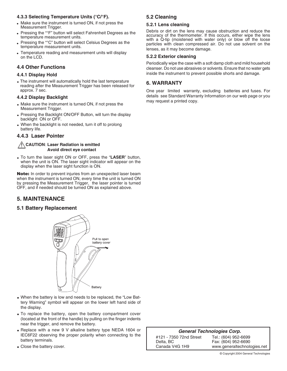 Maintenance | General Technologies LT102 (0 to 1000 F) Infrared Thermometer with Laser Sight User Manual | Page 2 / 2