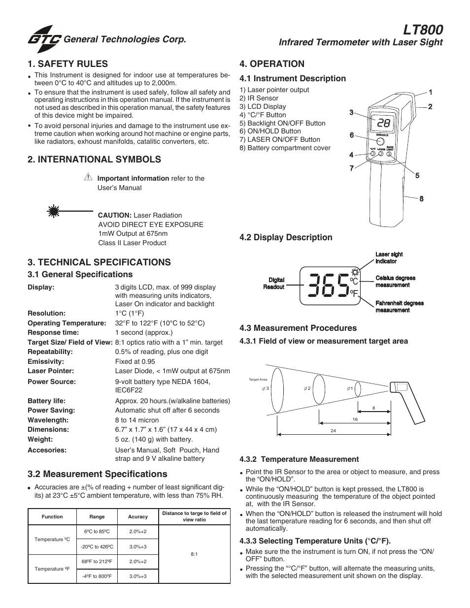 General Technologies LT800 (0 to 800 F) Infrared Thermometer with Laser Sight User Manual | 2 pages