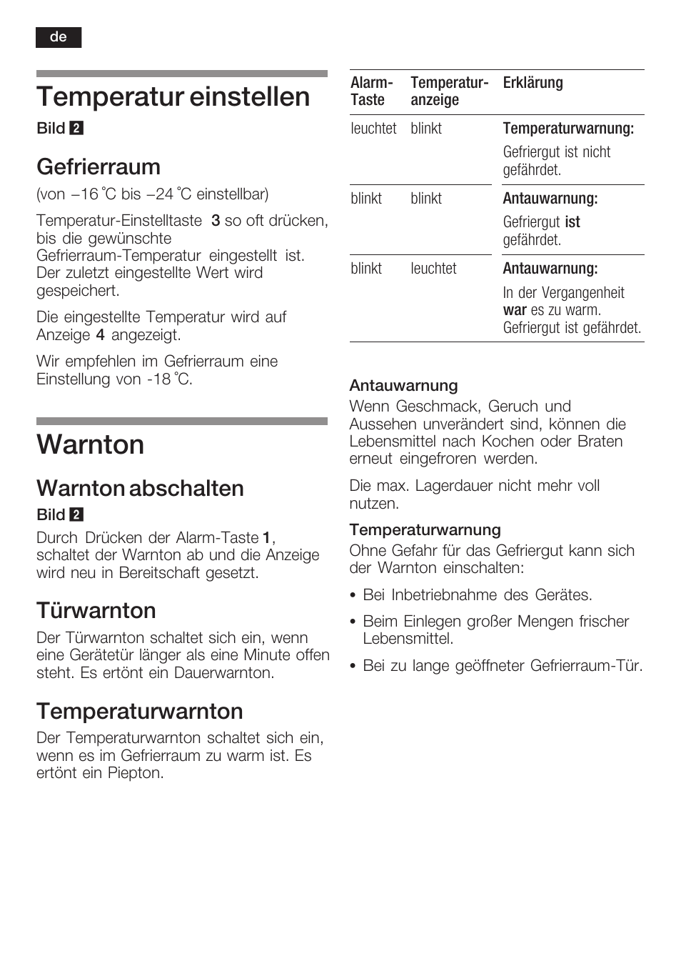 Temperatur einstellen, Warnton, Gefrierraum | Warnton abschalten, Türwarnton, Temperaturwarnton | Bosch GIN38P60 Congelatore da una porta NoFrost Porta con cerniera piatta User Manual | Page 10 / 76