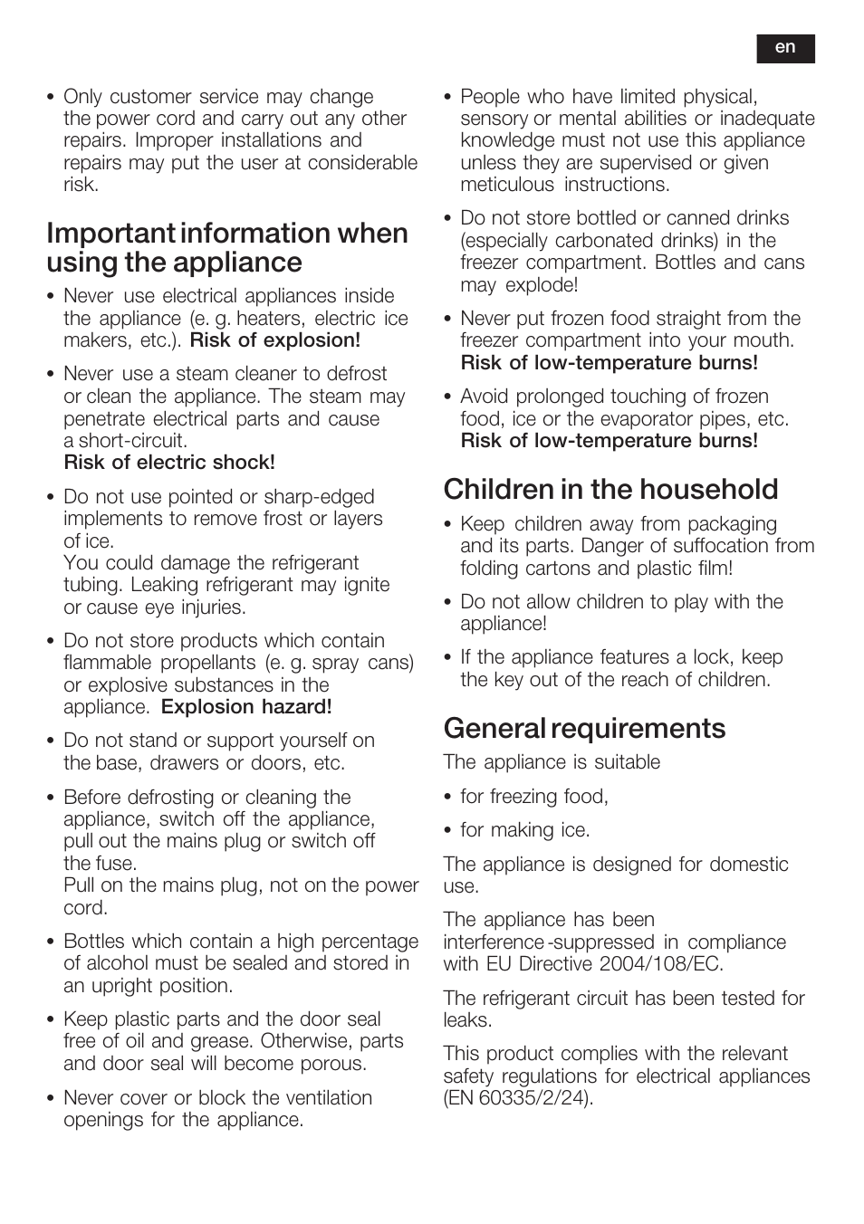 Important information when using the appliance, Children in the household, General requirements | Bosch GIN38P60 Congelatore da una porta NoFrost Porta con cerniera piatta User Manual | Page 19 / 76