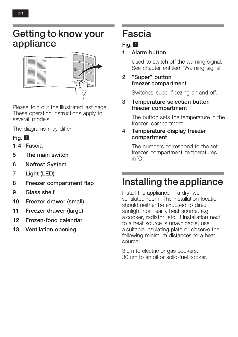 Getting to know your appliance, Fascia, Installing the appliance | Bosch GIN38P60 Congelatore da una porta NoFrost Porta con cerniera piatta User Manual | Page 20 / 76