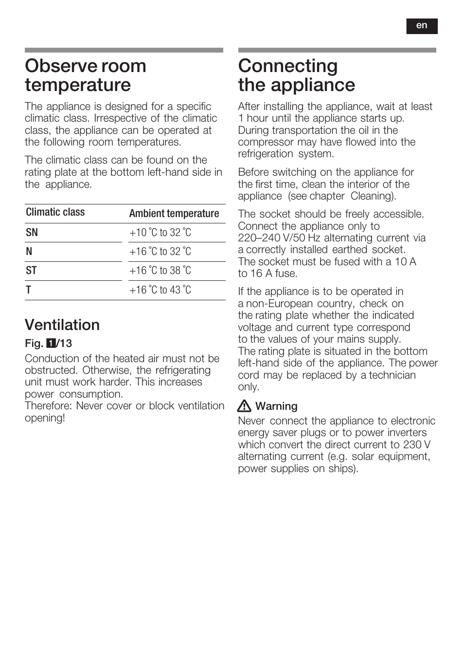 Observe room temperature, Connecting the appliance, Ventilation | Bosch GIN38P60 Congelatore da una porta NoFrost Porta con cerniera piatta User Manual | Page 21 / 76