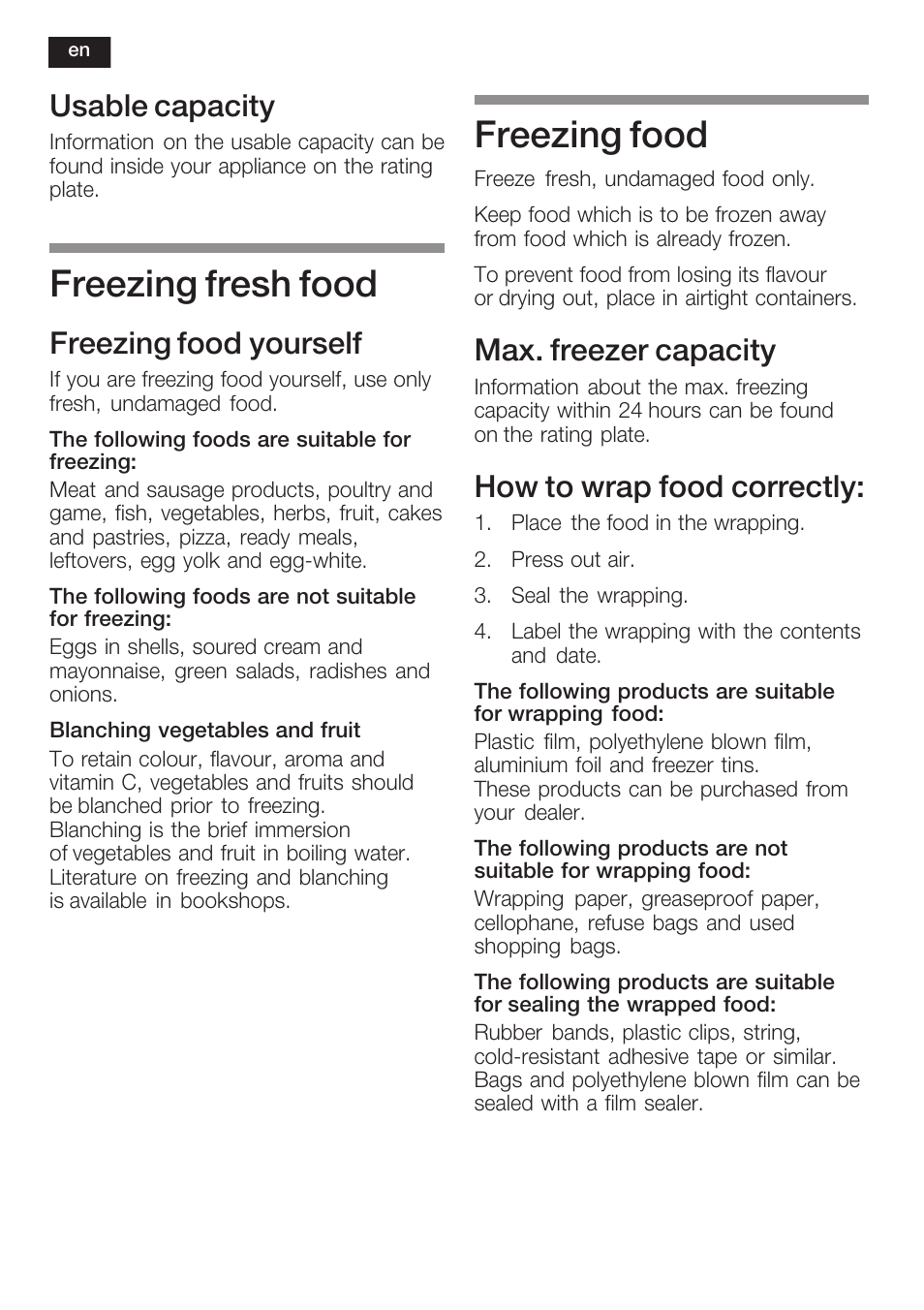 Freezing fresh food, Freezing food, Usable capacity | Freezing food yourself, Max. freezer capacity, How to wrap food correctly | Bosch GIN38P60 Congelatore da una porta NoFrost Porta con cerniera piatta User Manual | Page 24 / 76