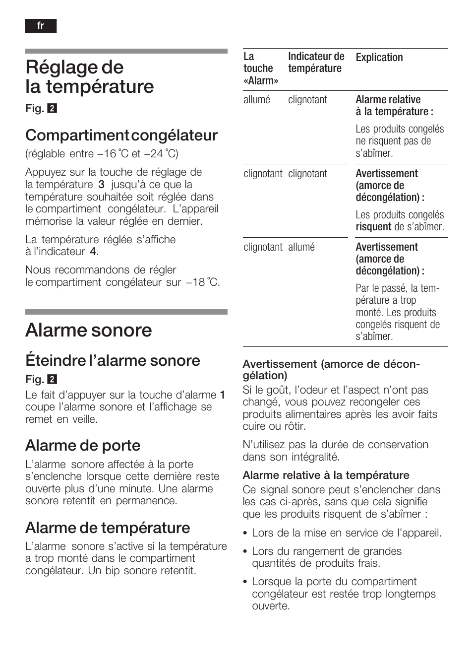 Réglage de la température, Alarme sonore, Compartiment congélateur | Éteindre l'alarme sonore, Alarme de porte, Alarme de température | Bosch GIN38P60 Congelatore da una porta NoFrost Porta con cerniera piatta User Manual | Page 36 / 76