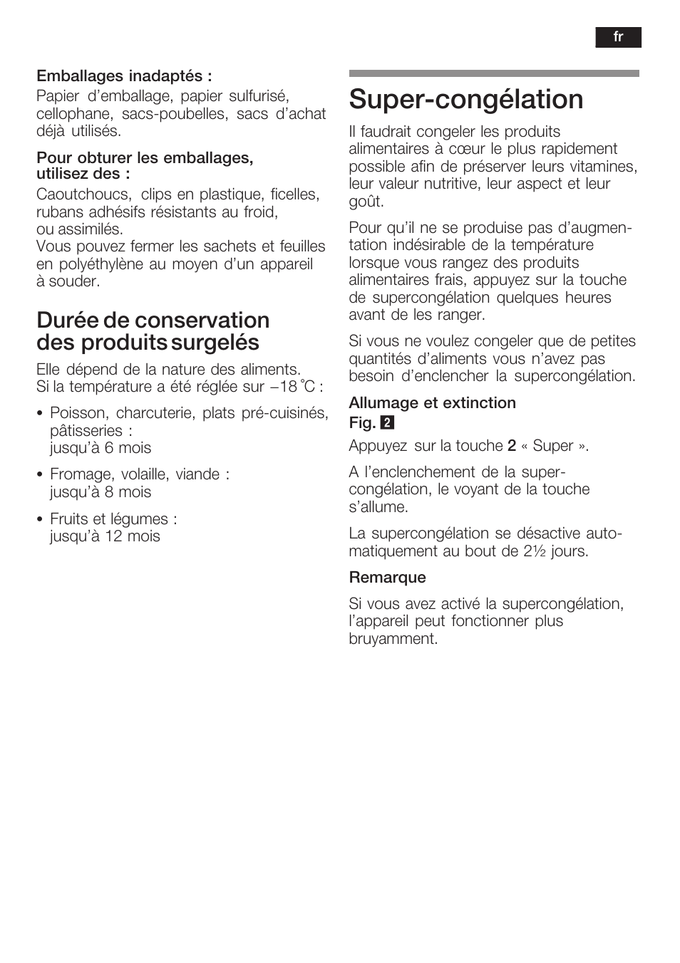 Superćcongélation, Durée de conservation des produits surgelés | Bosch GIN38P60 Congelatore da una porta NoFrost Porta con cerniera piatta User Manual | Page 39 / 76