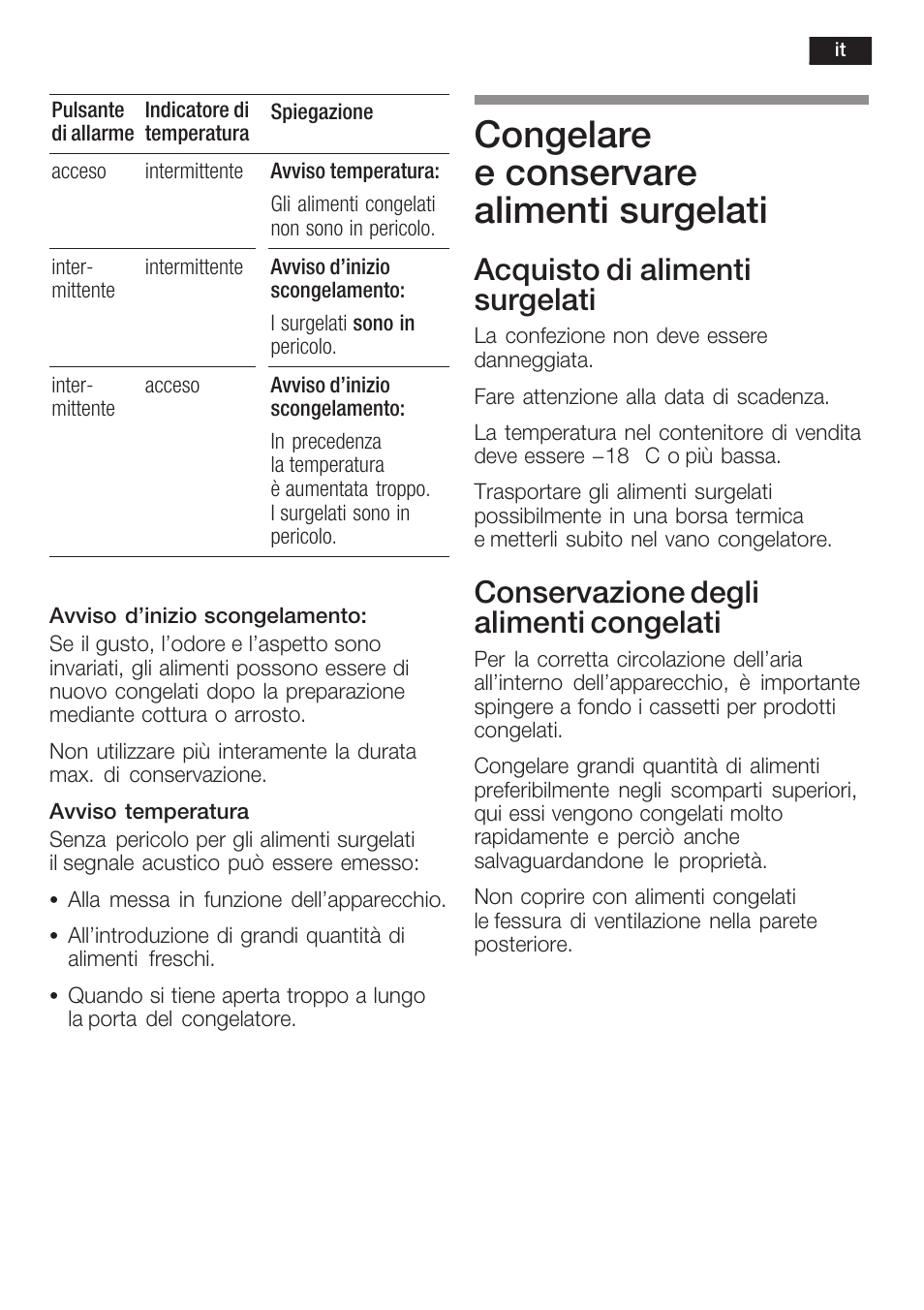 Congelare e conservare alimenti surgelati, Acquisto di alimenti surgelati, Conservazione degli alimenti congelati | Bosch GIN38P60 Congelatore da una porta NoFrost Porta con cerniera piatta User Manual | Page 51 / 76