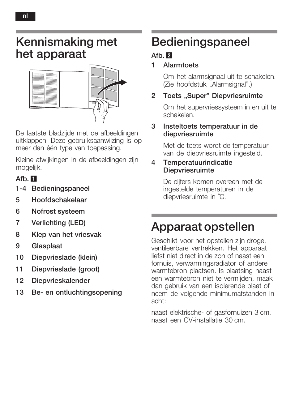 Kennismaking met het apparaat, Bedieningspaneel, Apparaat opstellen | Bosch GIN38P60 Congelatore da una porta NoFrost Porta con cerniera piatta User Manual | Page 62 / 76