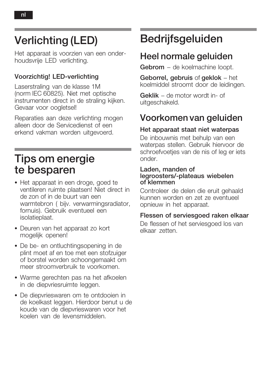 Verlichting, Led), Tips om energie te besparen | Bedrijfsgeluiden, Heel normale geluiden, Voorkomen van geluiden | Bosch GIN38P60 Congelatore da una porta NoFrost Porta con cerniera piatta User Manual | Page 70 / 76