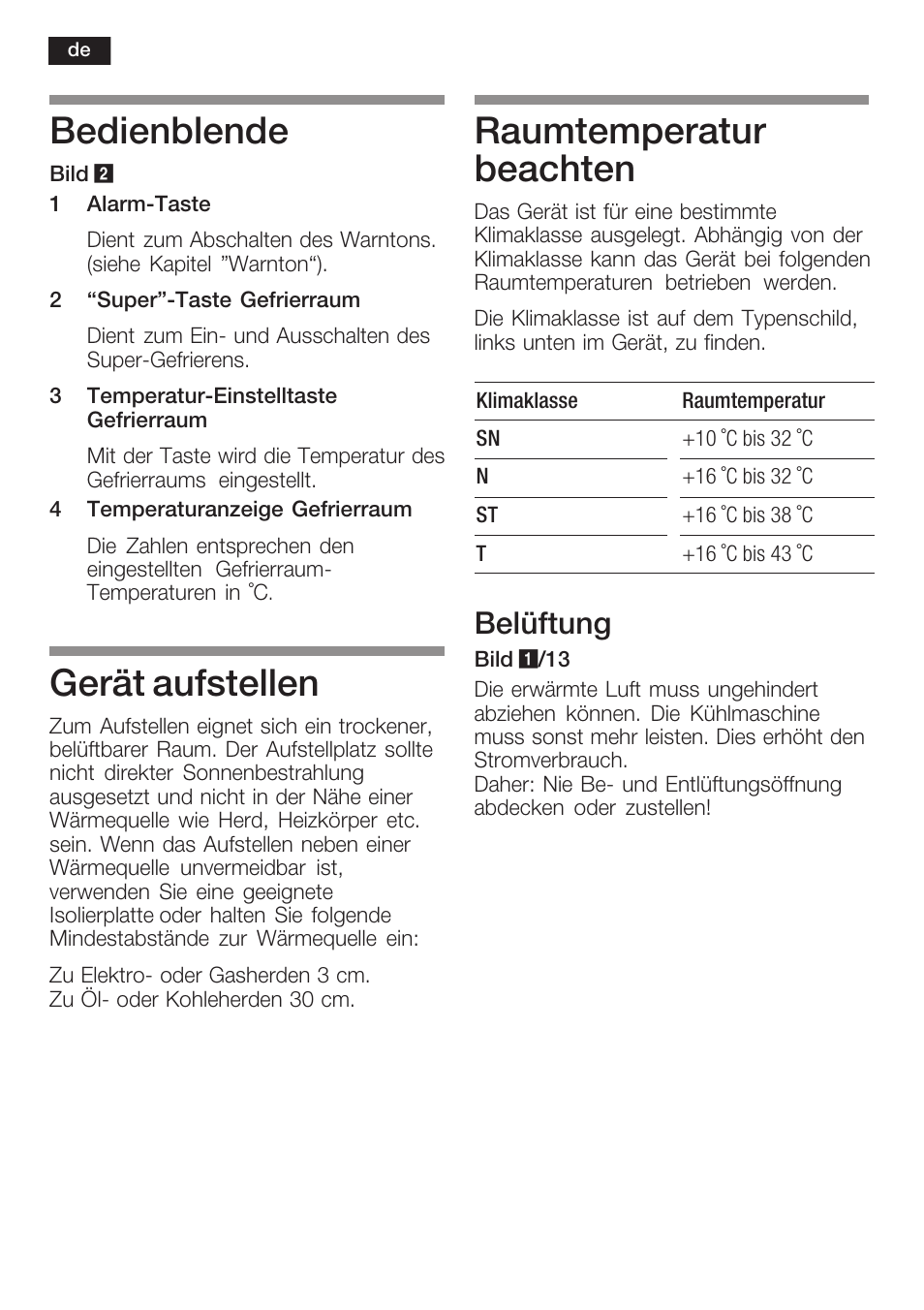 Bedienblende, Gerät aufstellen, Raumtemperatur beachten | Belüftung | Bosch GIN38P60 Congelatore da una porta NoFrost Porta con cerniera piatta User Manual | Page 8 / 76