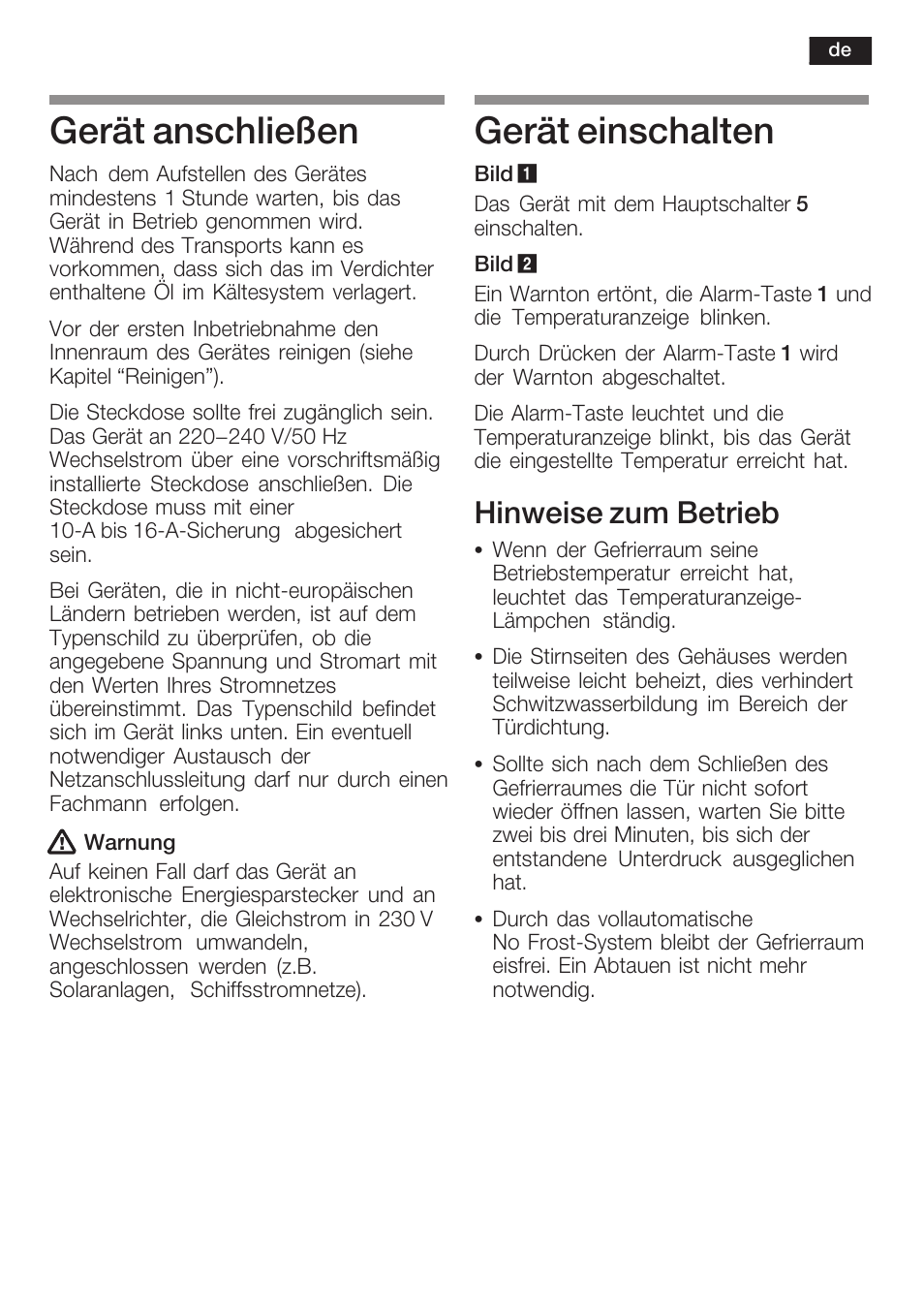 Gerät anschließen, Gerät einschalten, Hinweise zum betrieb | Bosch GIN38P60 Congelatore da una porta NoFrost Porta con cerniera piatta User Manual | Page 9 / 76