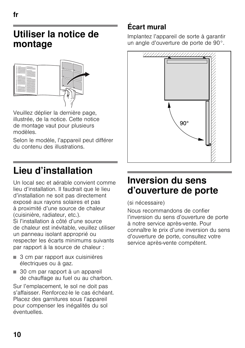 Utiliser la notice de montage, Lieu d’installation, Écart mural | Inversion du sens d’ouverture de porte, Appareil indépendant, Utiliser la notice de montage lieu d’installation, De porte, Fr 10 | Bosch KGN49VW20 User Manual | Page 10 / 43