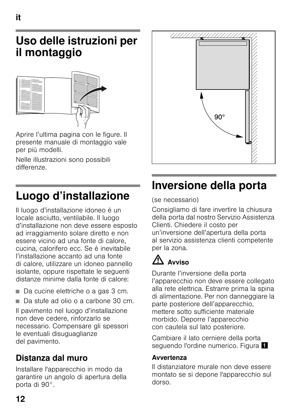 Uso delle istruzioni per il montaggio, Luogo d’installazione, Da cucine elettriche o a gas 3 cm | Da stufe ad olio o a carbone 30 cm, Distanza dal muro, Inversione della porta, It 12 | Bosch KGN49VW20 User Manual | Page 12 / 43