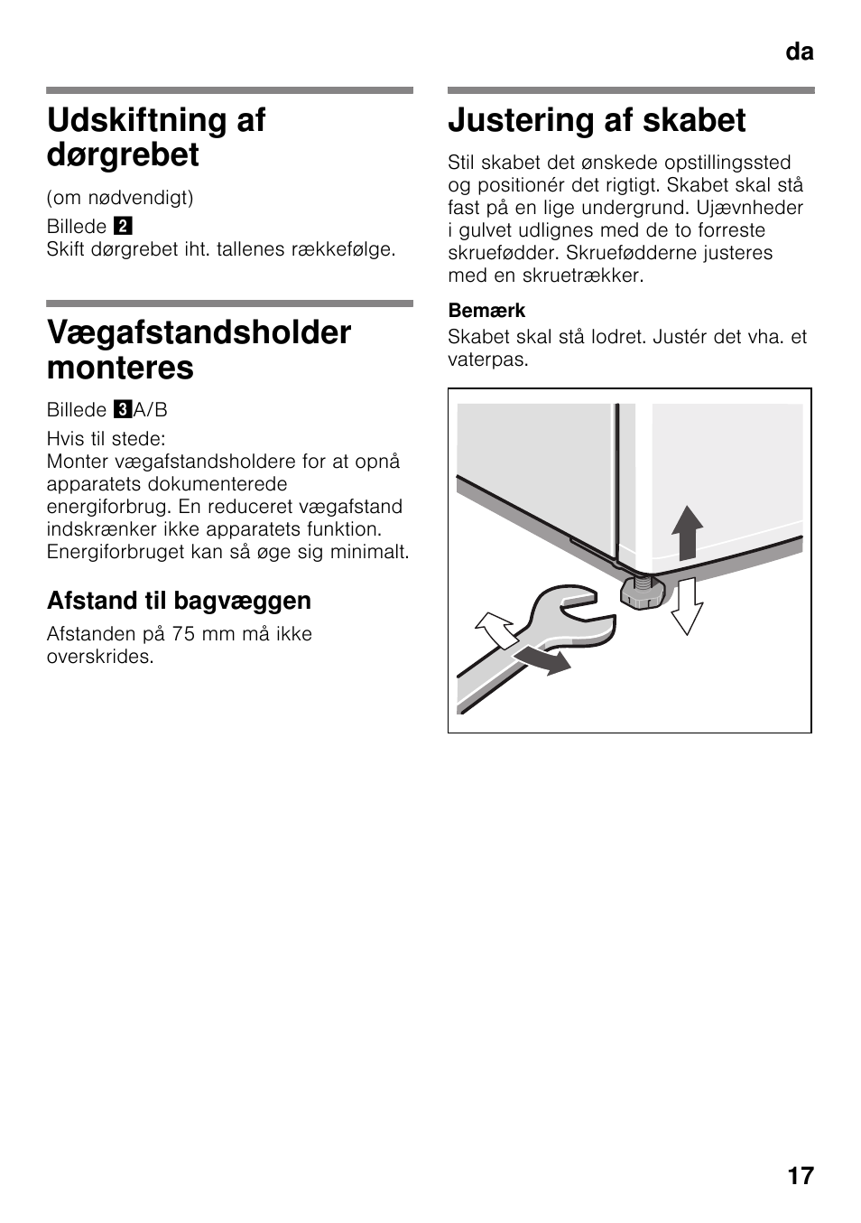 Udskiftning af dørgrebet, Vægafstandsholder monteres, Afstand til bagvæggen | Justering af skabet | Bosch KGN49VW20 User Manual | Page 17 / 43