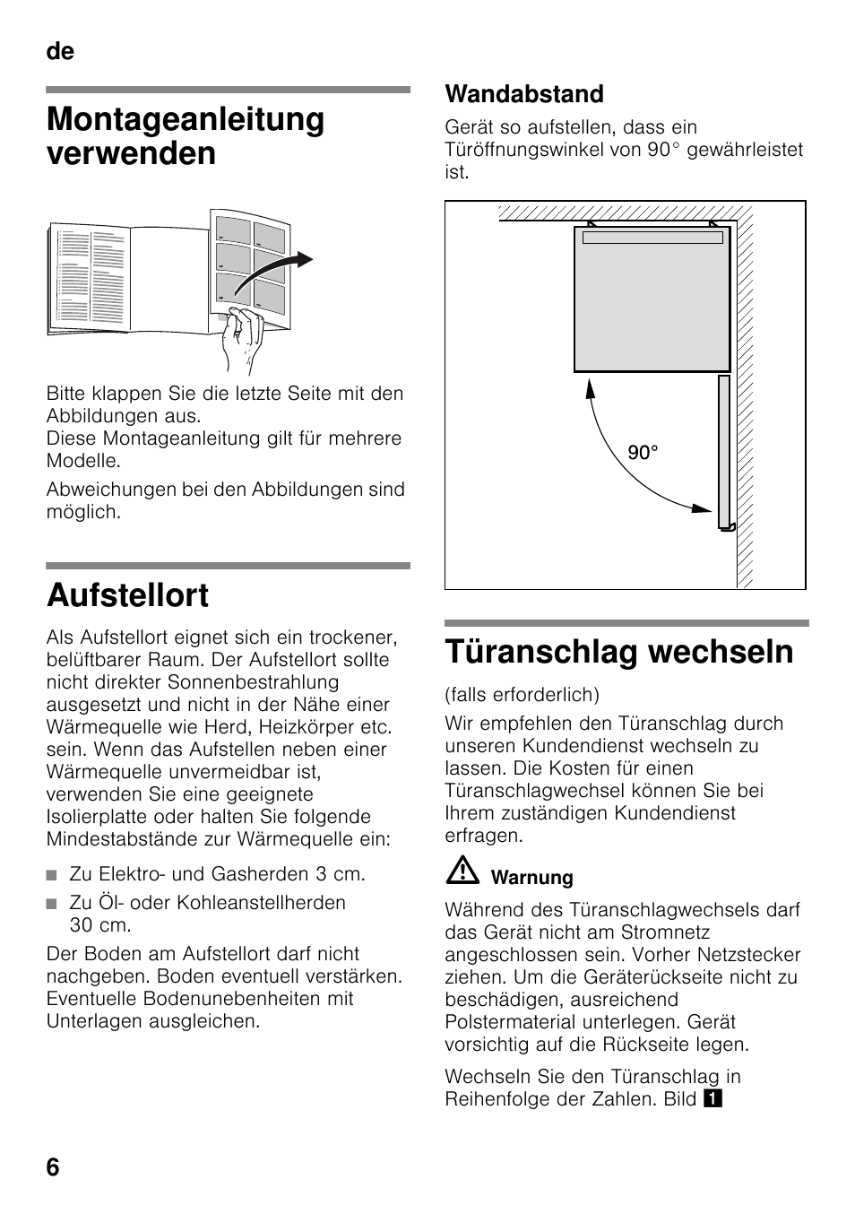 Montageanleitung verwenden, Aufstellort, Zu elektro- und gasherden 3 cm | Zu öl- oder kohleanstellherden 30 cm, Wandabstand, Türanschlag wechseln, De 6 | Bosch KGN49VW20 User Manual | Page 6 / 43