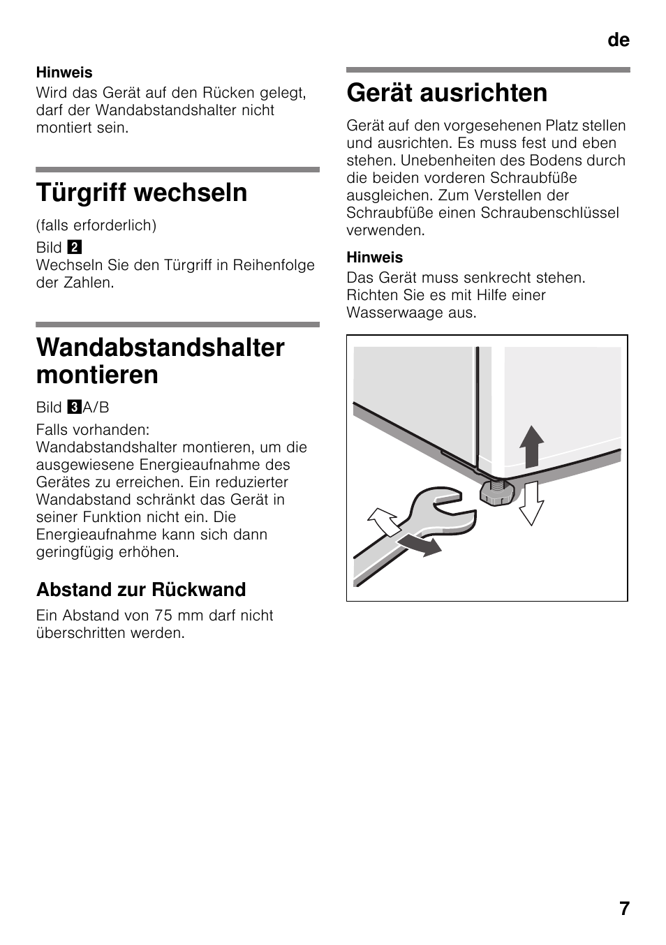 Türgriff wechseln, Wandabstandshalter montieren, Abstand zur rückwand | Gerät ausrichten, De 7 | Bosch KGN49VW20 User Manual | Page 7 / 43