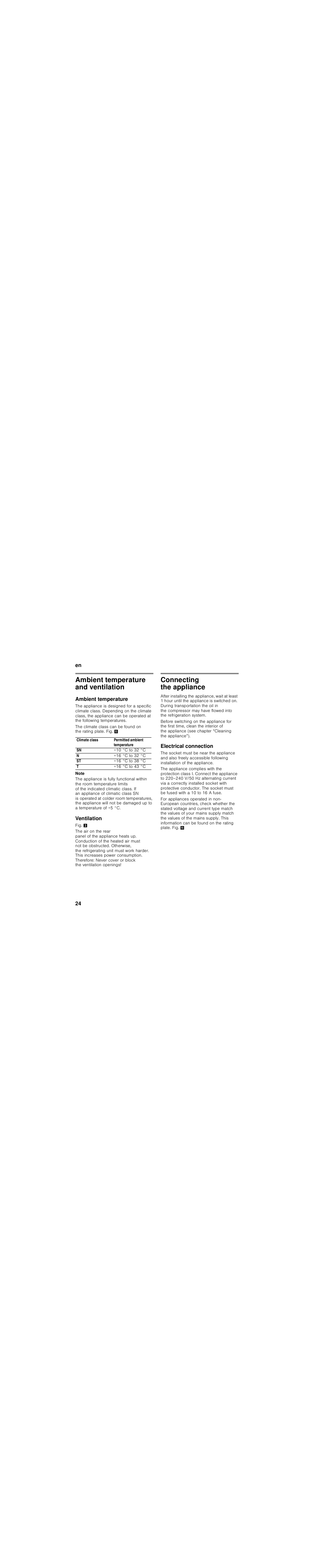 Ambient temperature and ventilation, Ambient temperature, Climate class | Permitted ambient temperature, 10 °c to 32 °c, 16 °c to 32 °c, 16 °c to 38 °c, 16 °c to 43 °c, Note, Ventilation | Bosch GSN36BW30 Congelatore verticale Bianco User Manual | Page 24 / 93