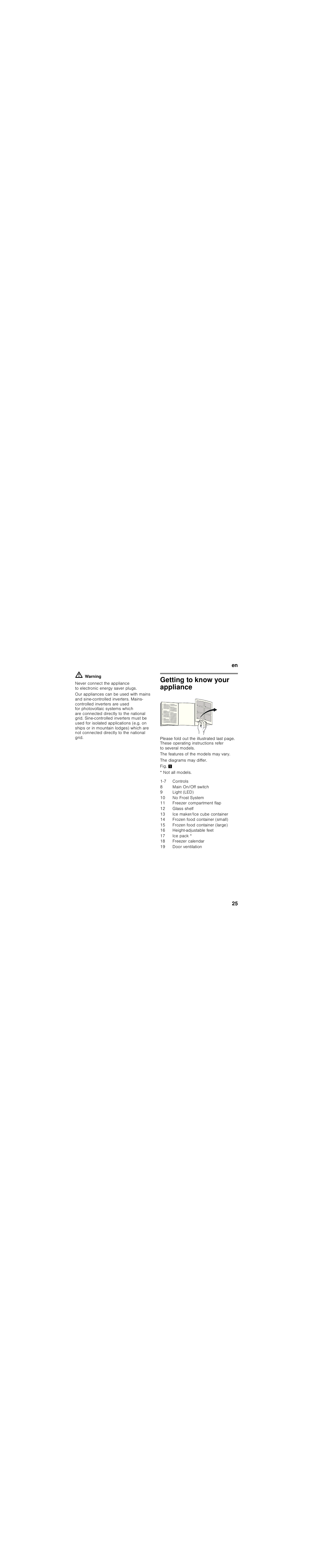 M warning, Getting to know your appliance, The features of the models may vary | The diagrams may differ, Not all models, Controls, Main on/off switch, Light (led), No frost system, Freezer compartment flap | Bosch GSN36BW30 Congelatore verticale Bianco User Manual | Page 25 / 93