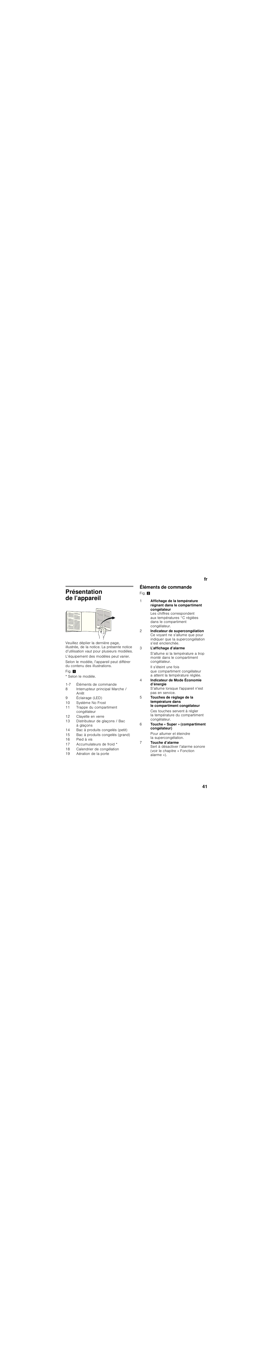 Présentation de l’appareil, L’équipement des modèles peut varier, Selon le modèle | Éléments de commande, Interrupteur principal marche / arrêt, Éclairage (led), Système no frost, Trappe du compartiment congélateur, Clayette en verre, Distributeur de glaçons / bac à glaçons | Bosch GSN36BW30 Congelatore verticale Bianco User Manual | Page 41 / 93