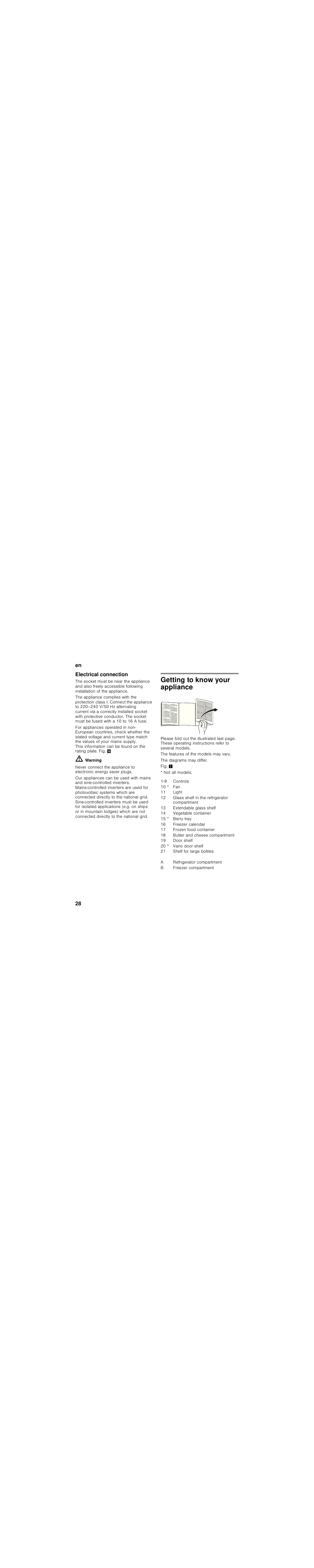 Electrical connection, Getting to know your appliance | Bosch KIS87AF30 Frigorifero combinato Porta con cerniera piatta User Manual | Page 28 / 111