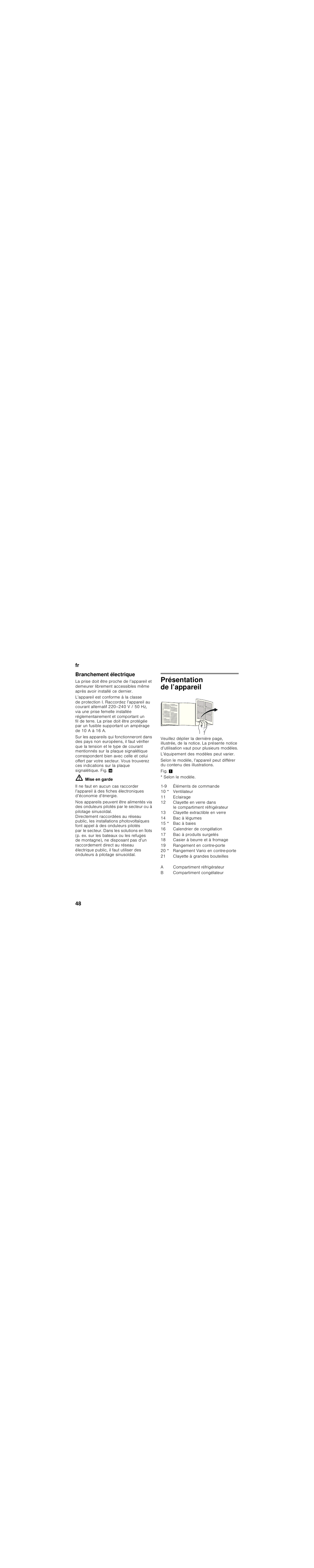 Branchement électrique, Présentation de l’appareil | Bosch KIS87AF30 Frigorifero combinato Porta con cerniera piatta User Manual | Page 48 / 111