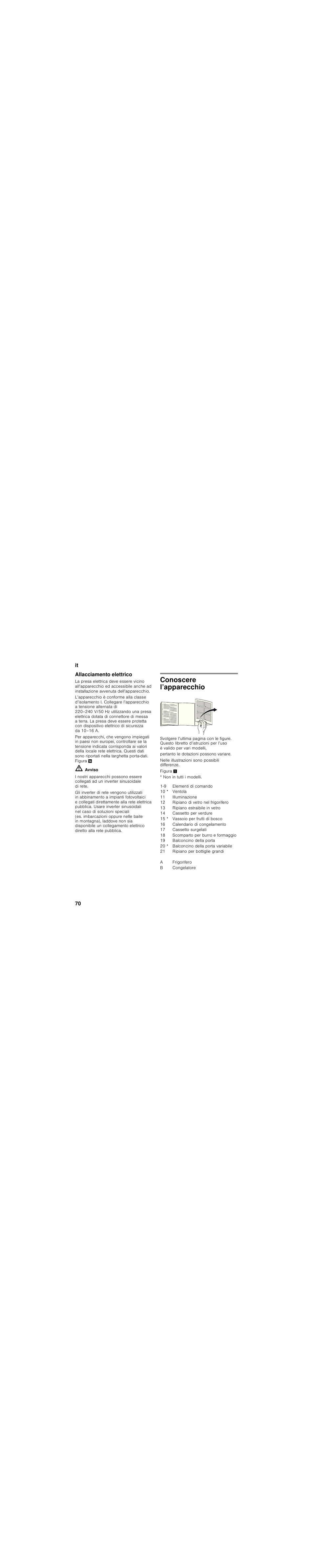 Allacciamento elettrico, Conoscere l’apparecchio | Bosch KIS87AF30 Frigorifero combinato Porta con cerniera piatta User Manual | Page 70 / 111