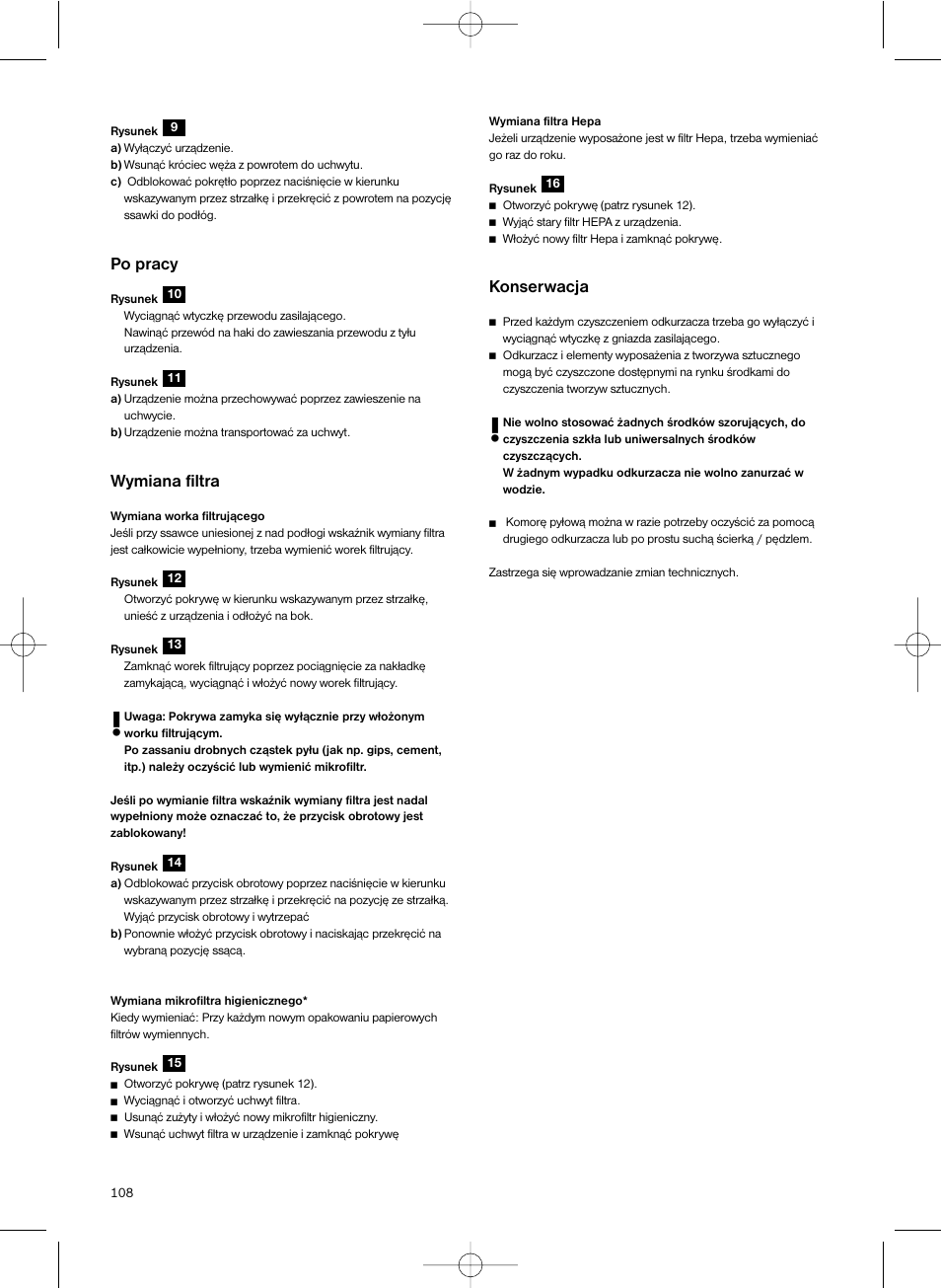 Po pracy, Wymiana filtra, Konserwacja | Bosch Scopa elettrica BHS41825 Pro Animal hepa 1800 W User Manual | Page 109 / 142