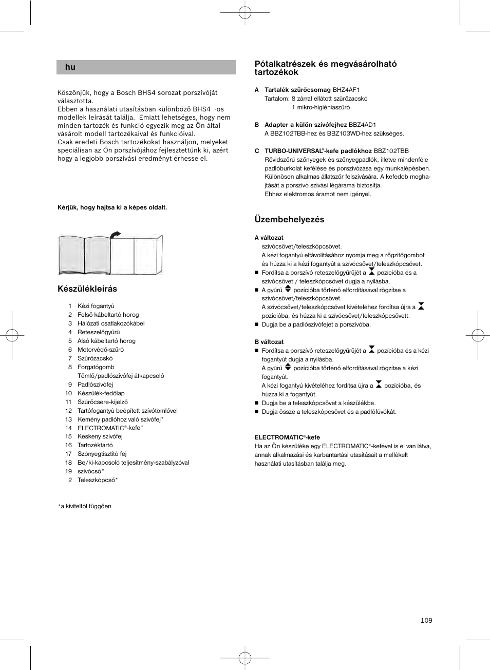 Készülékleírás, Pótalkatrészek és megvásárolható tartozékok, Üzembehelyezés | Bosch Scopa elettrica BHS41825 Pro Animal hepa 1800 W User Manual | Page 110 / 142