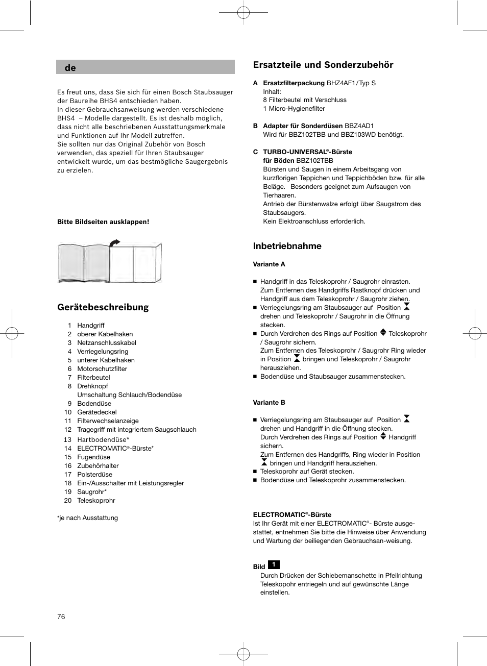 Gerätebeschreibung, Ersatzteile und sonderzubehör, Inbetriebnahme | Bosch Scopa elettrica BHS41825 Pro Animal hepa 1800 W User Manual | Page 77 / 142